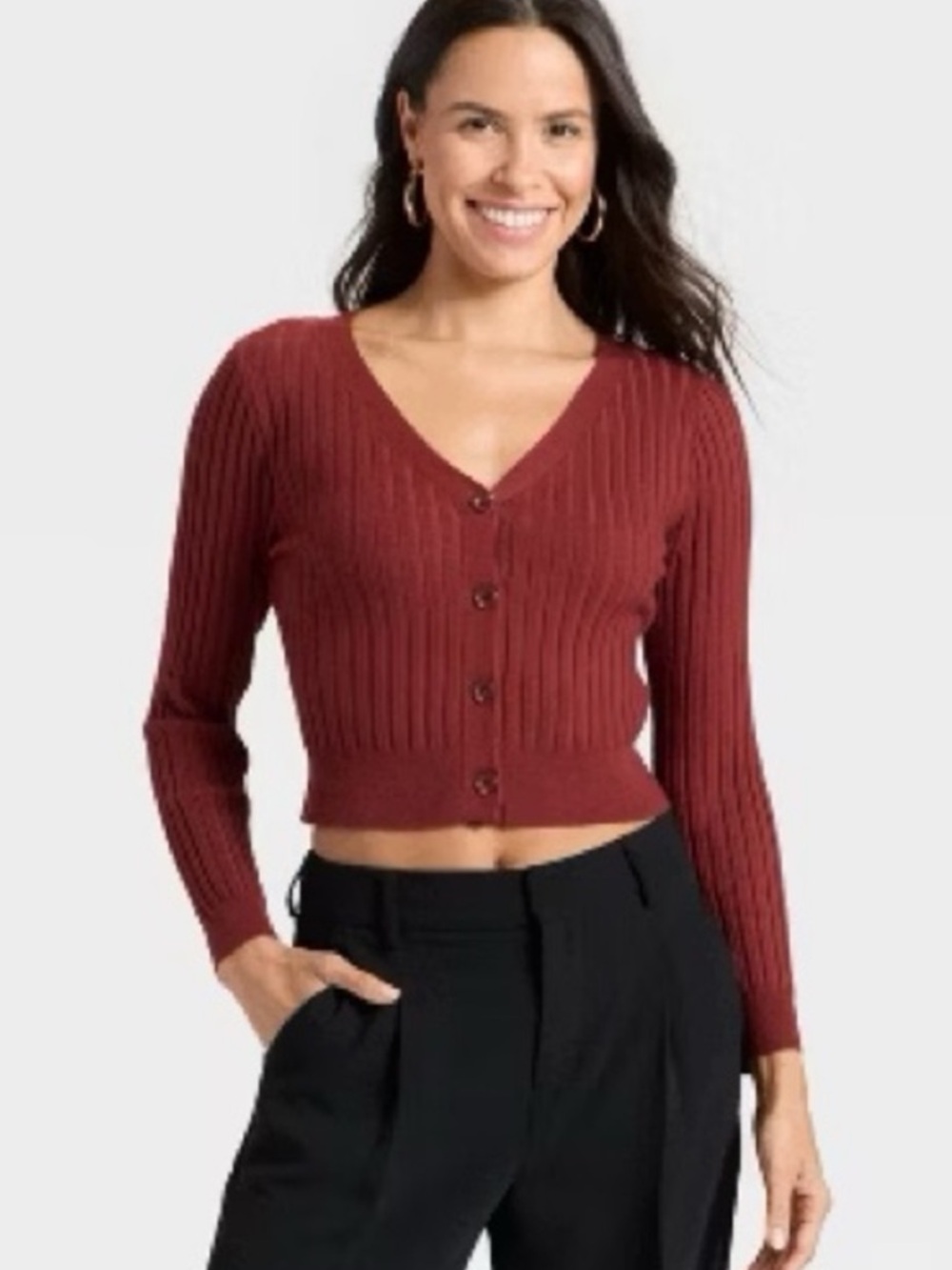 A New Day Burgundy Ribbed Button-Up Lightweight Cropped Cardigan Sweater